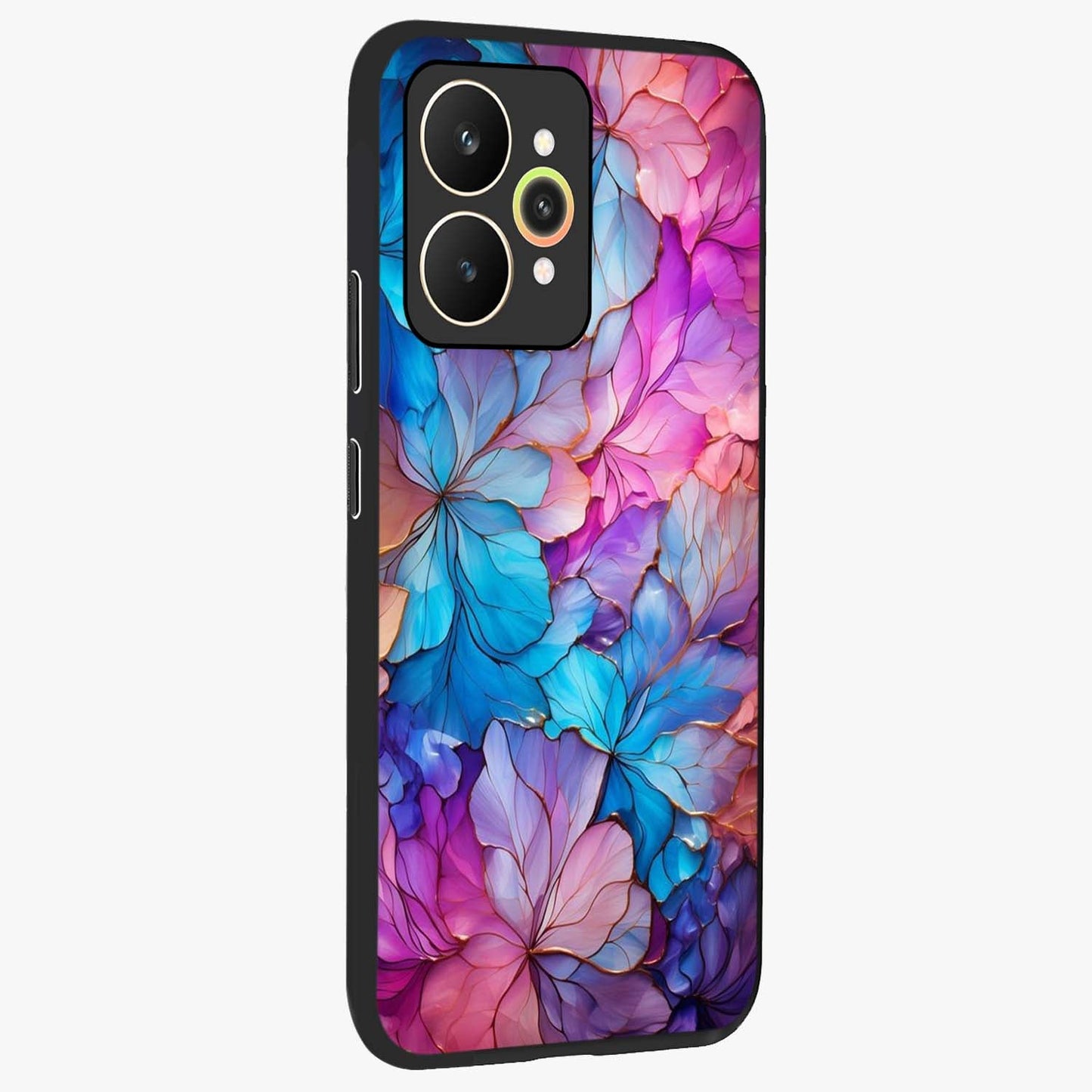 Radiant Floral Whirl Glass Case upright view showcasing lively floral artwork with decorative swirl theme.
