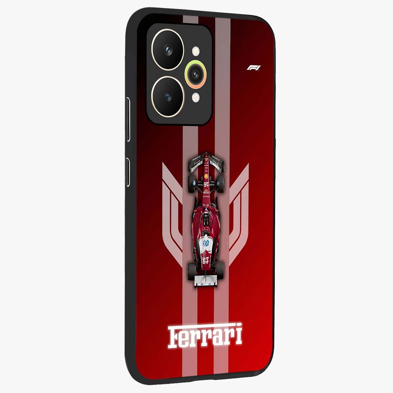 Red Ferrari F1 Vertical Glass Case upright view showcasing powerful Formula car artwork with dynamic motorsport theme.