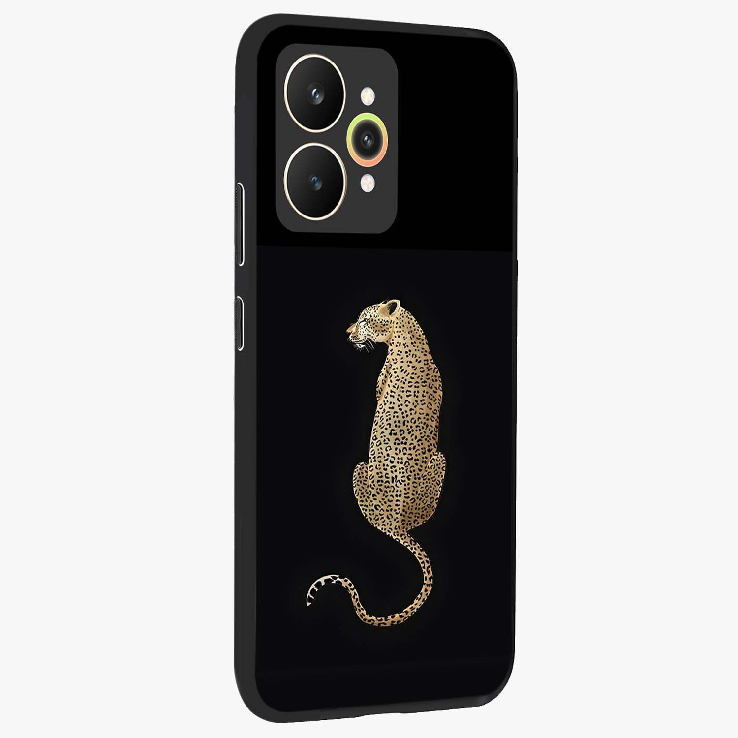 Regal Leopard Glass Case upright view showcasing striking leopard artwork with fierce wildlife theme.
