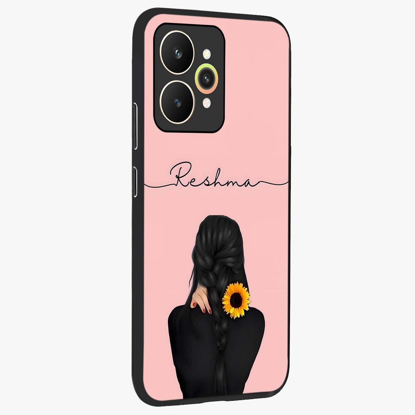 Sunflower Braid Beauty With Custom Name Glass Case upright view showcasing bright sunflower artwork with personalized floral aesthetic.