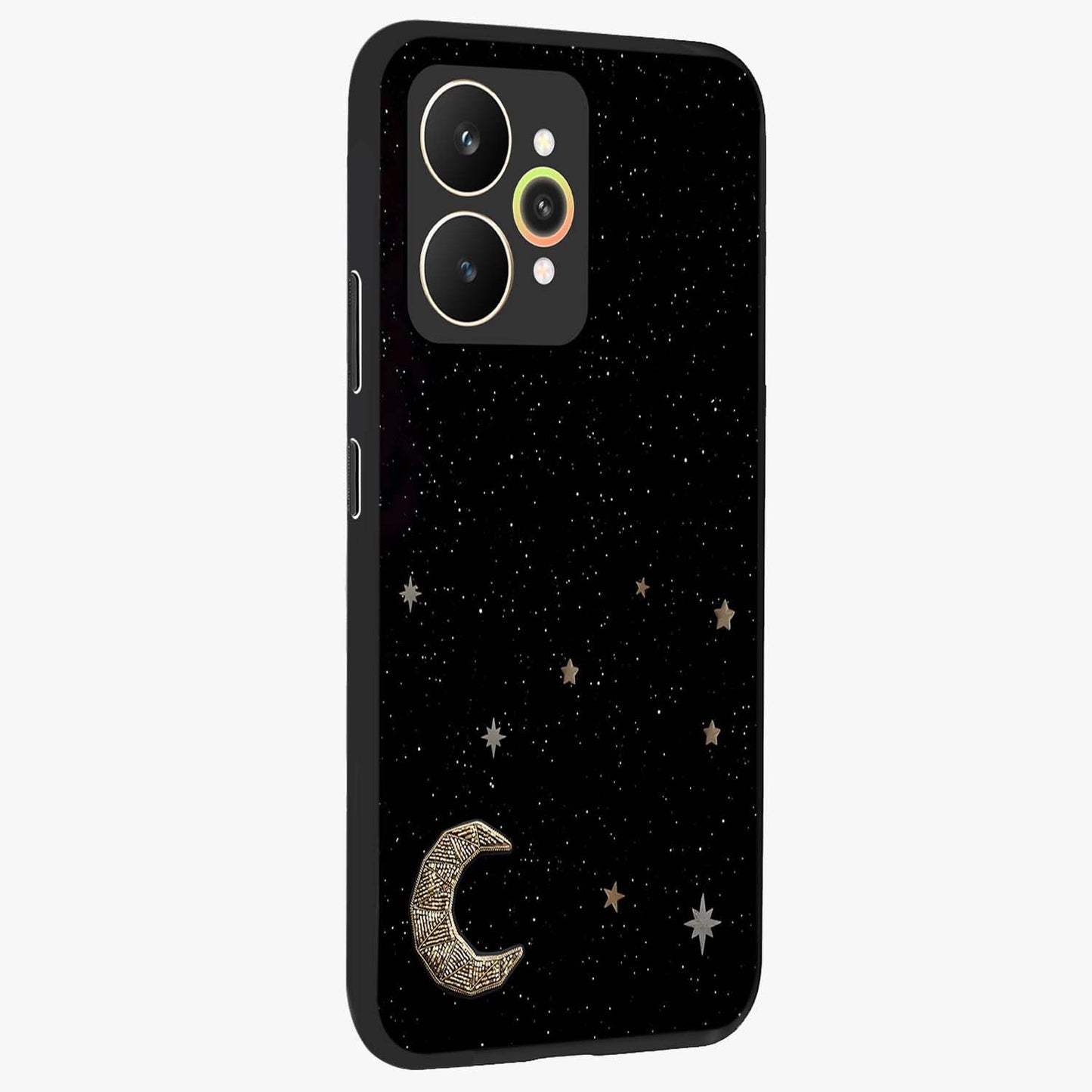 Twinkle Star With Half Moon Glass Case upright view showcasing glowing cosmic artwork with dreamy night theme.