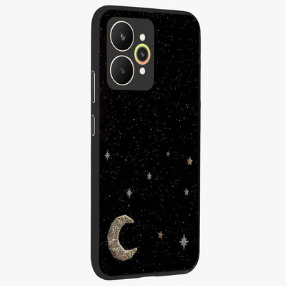Twinkle Star With Half Moon Glass Case upright view showcasing glowing cosmic artwork with dreamy night theme.