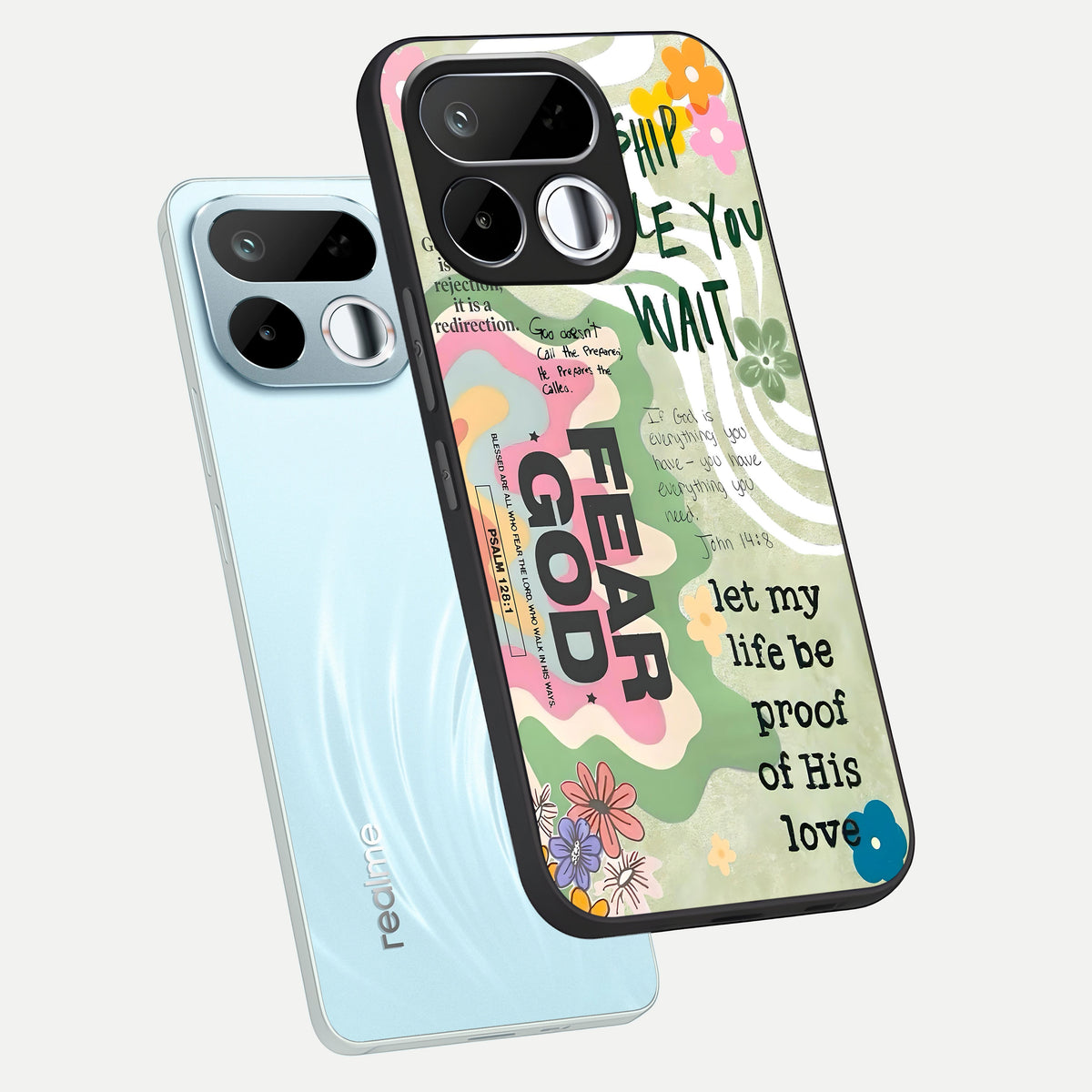 Faith Over Fear Glass Case displayed in angled mockup highlighting inspirational message design with modern aesthetic style.