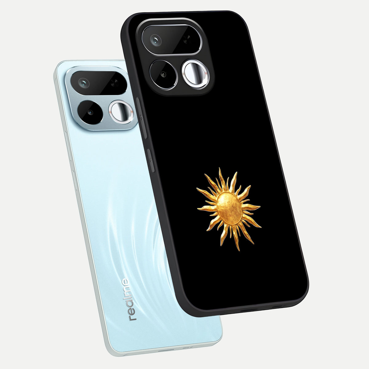 Golden Sun Minimalism Glass Case displayed in angled mockup highlighting eerie shadow illustration with gothic aesthetic.
