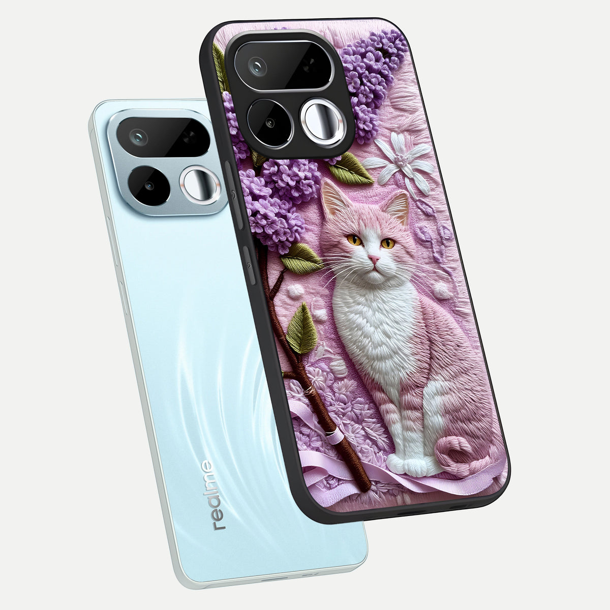 Lavender Cat Whimsy Glass Case displayed in angled mockup highlighting playful feline illustration with pastel lavender aesthetic.
