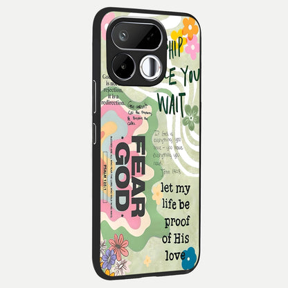 Faith Over Fear Glass Case upright view showcasing bold typography artwork with uplifting motivational theme.