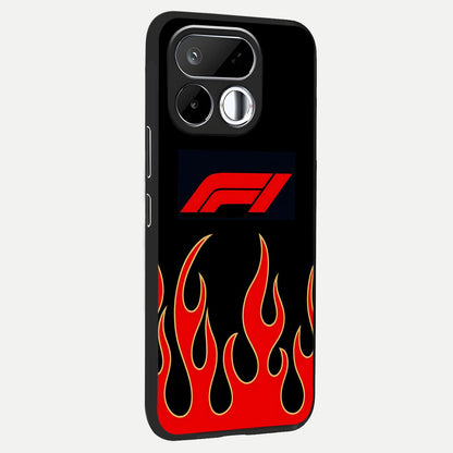 Fire F11 Glass Case upright view showcasing dynamic flame artwork with intense visual theme.