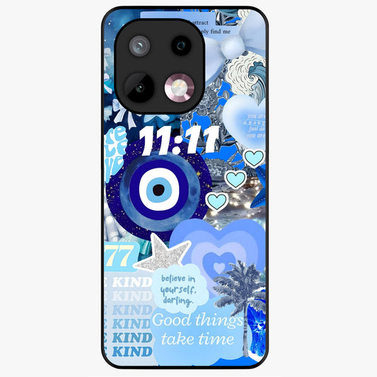 Aesthetic Be Kind Eye Glass Case showing flat back view with motivational eye artwork and glossy glass finish.
