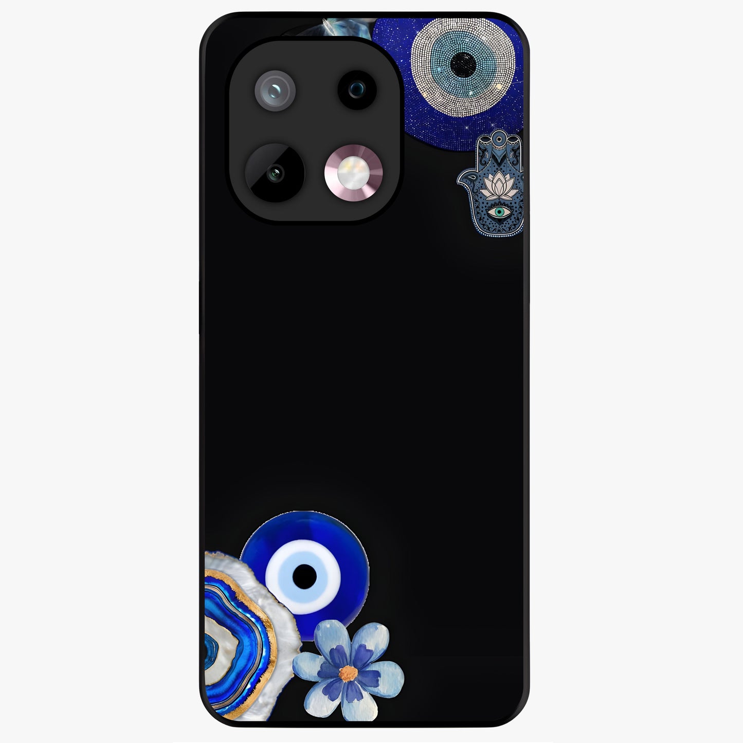 Aesthetic Blue Evil Eye Glass Case showing flat back view with protective evil eye artwork and glossy glass finish.