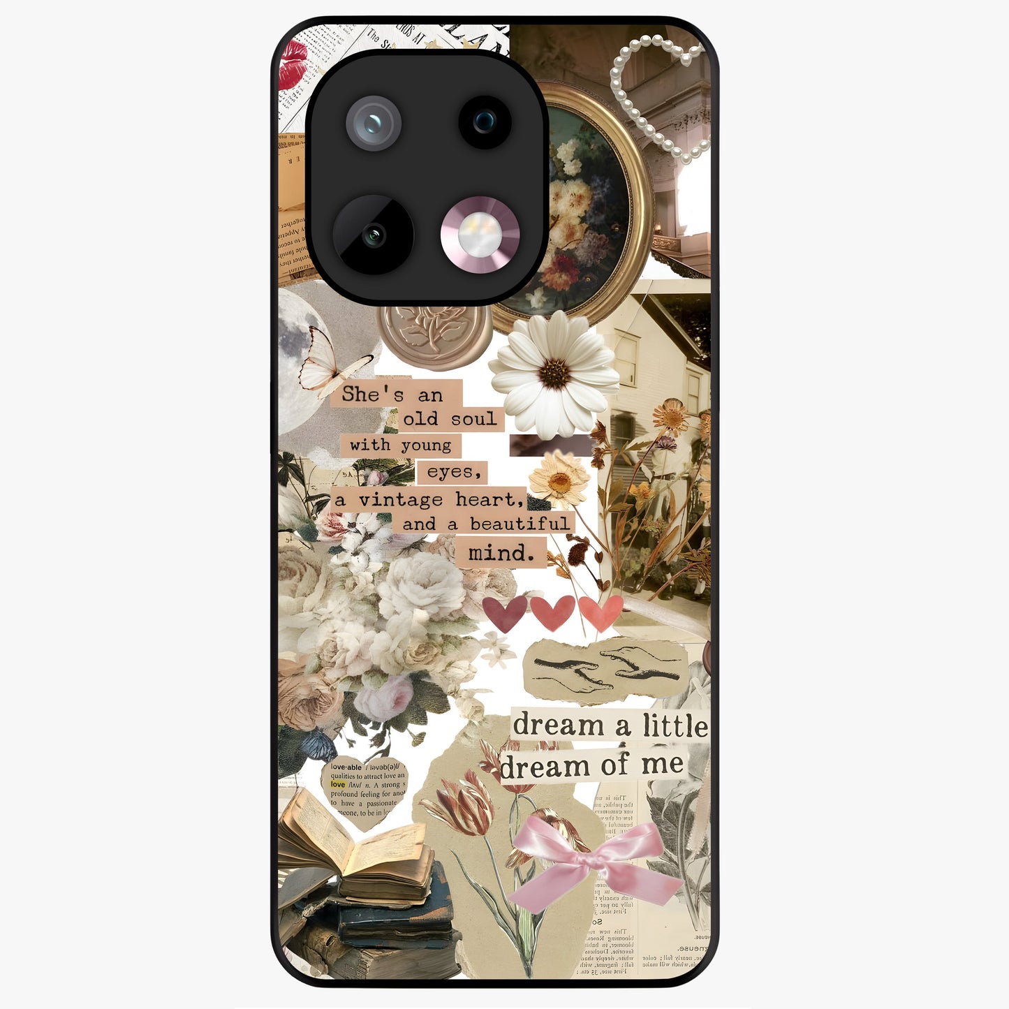 Aesthetic Brown Vintage Collage Glass Case showing flat back view with retro collage artwork and glossy glass finish.
