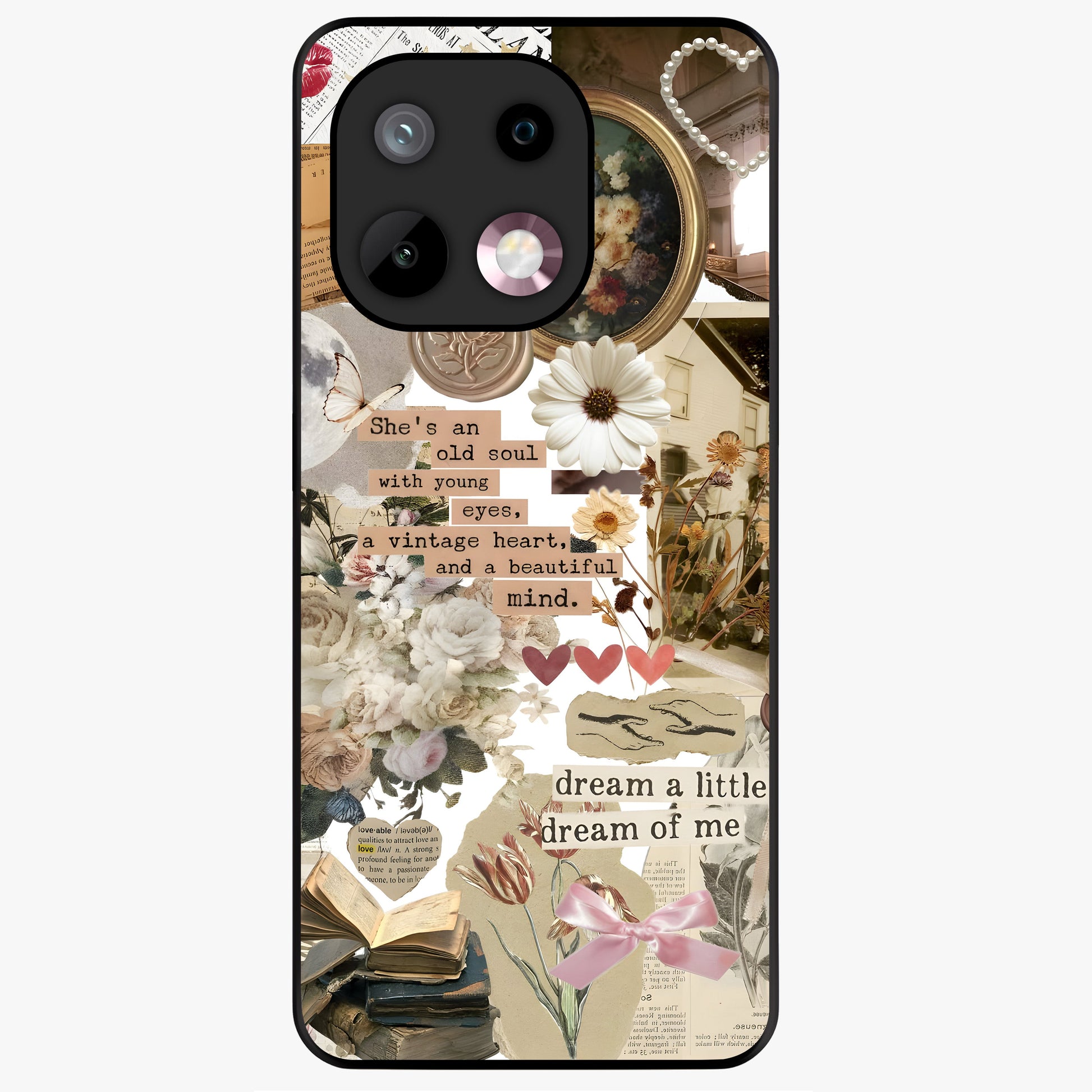Aesthetic Brown Vintage Collage Glass Case showing flat back view with retro collage artwork and glossy glass finish.
