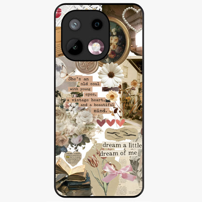 Aesthetic Brown Vintage Collage Glass Case showing flat back view with retro collage artwork and glossy glass finish.