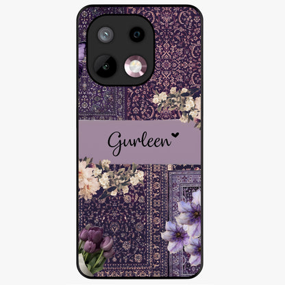 Antique Floral Whisper Custom Name Glass Case showing flat back view with vintage floral artwork and personalized name design.
