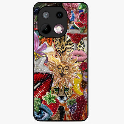 Beaded Fashion Jungle Glass Case showing flat back view with vibrant jungle inspired bead artwork and glossy glass finish.