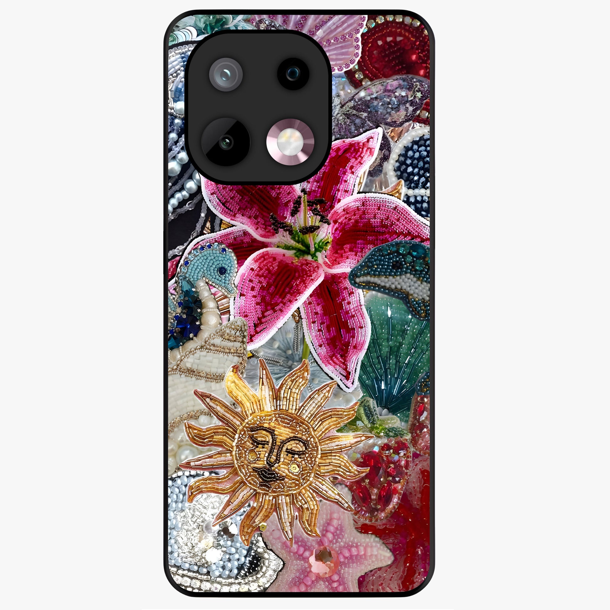 Beaded Garden Fantasy Glass Case showing flat back view with dreamy garden bead artwork and glossy glass finish.