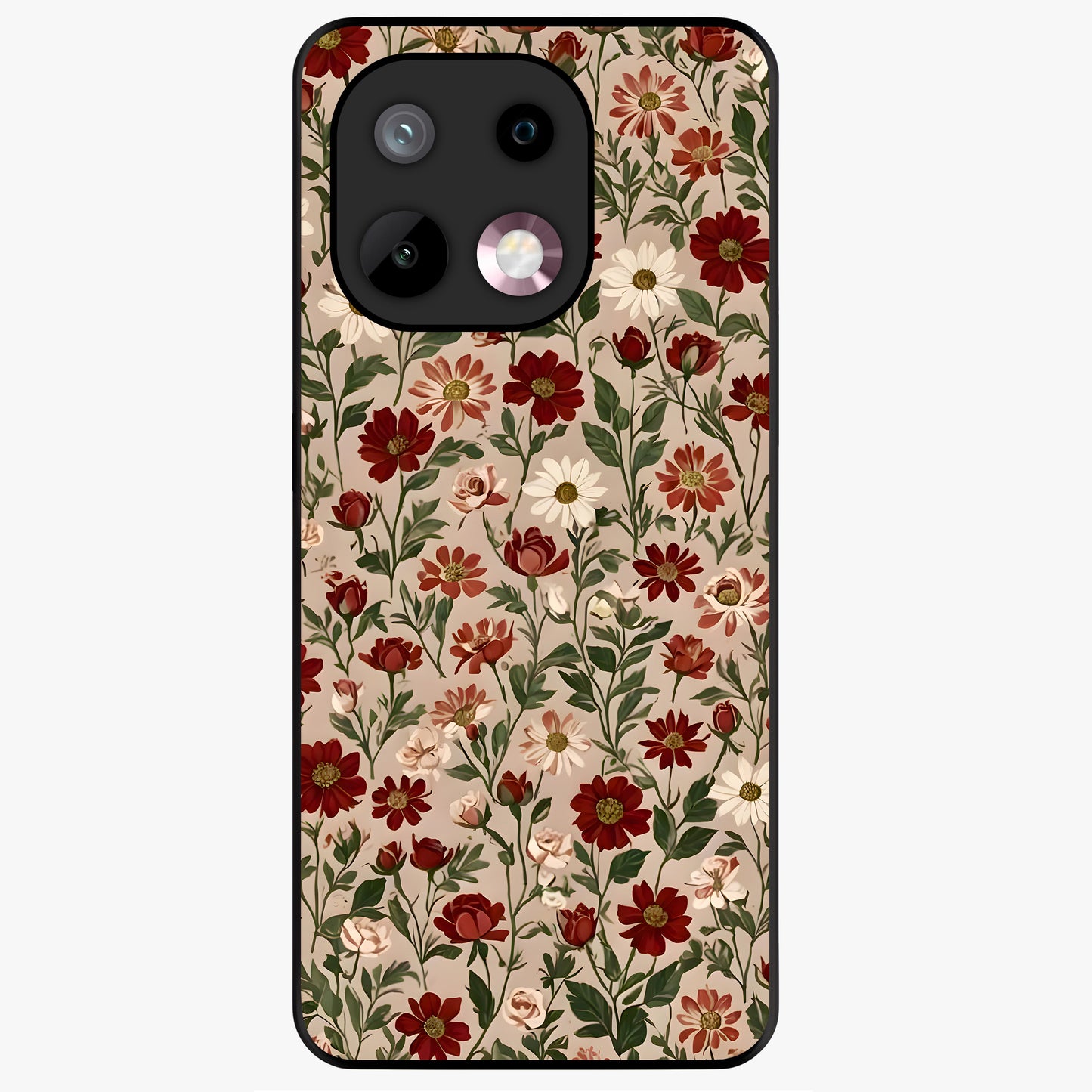 Biege Flower With Leaf Glass Case showing flat back view with soft beige floral artwork and glossy glass finish.