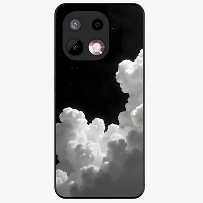 Black Background With White Cloud Glass Case showing flat back view with minimal cloud artwork on dark background and glossy glass finish.