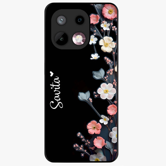 Black Elegance Floral Custom Name Glass Case showing flat back view with elegant floral artwork and personalized name design.