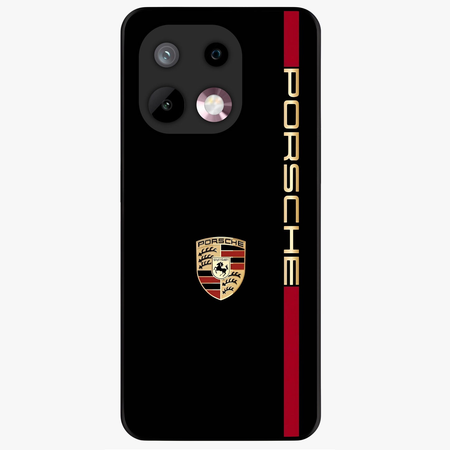 Black Minimal Porsche Glass Case showing flat back view with sleek minimal sports car artwork and glossy glass finish.