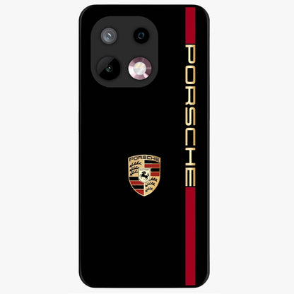Black Minimal Porsche Glass Case showing flat back view with sleek minimal sports car artwork and glossy glass finish.