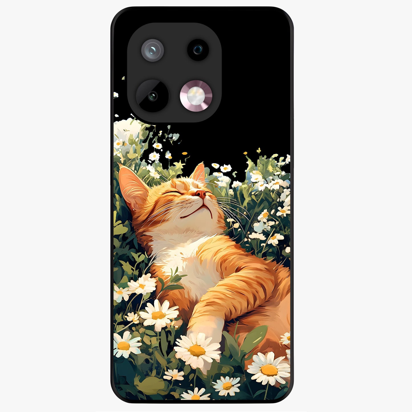 Blissful Bloom Cat Glass Case showing flat back view with cute cat and floral bloom artwork and glossy glass finish.