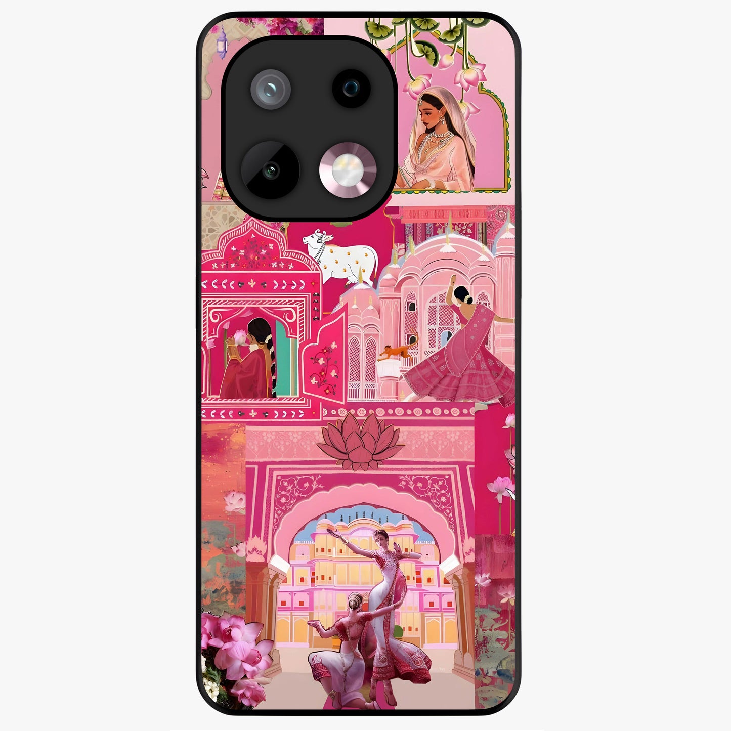 Blossoms of Rajasthan Glass Case showing flat back view with traditional floral artwork inspired by Rajasthan and glossy glass finish.
