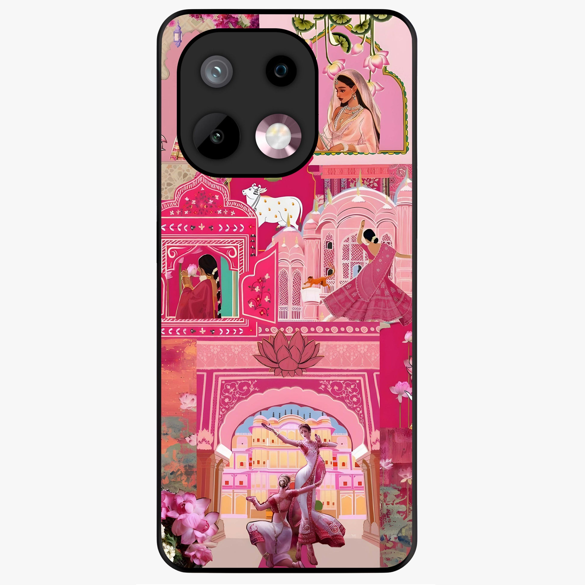 Blossoms of Rajasthan Glass Case showing flat back view with traditional floral artwork inspired by Rajasthan and glossy glass finish.