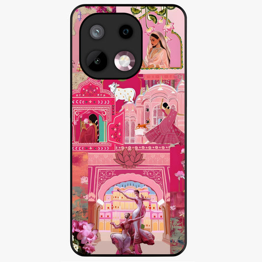 Blossoms of Rajasthan Glass Case showing flat back view with traditional floral artwork inspired by Rajasthan and glossy glass finish.