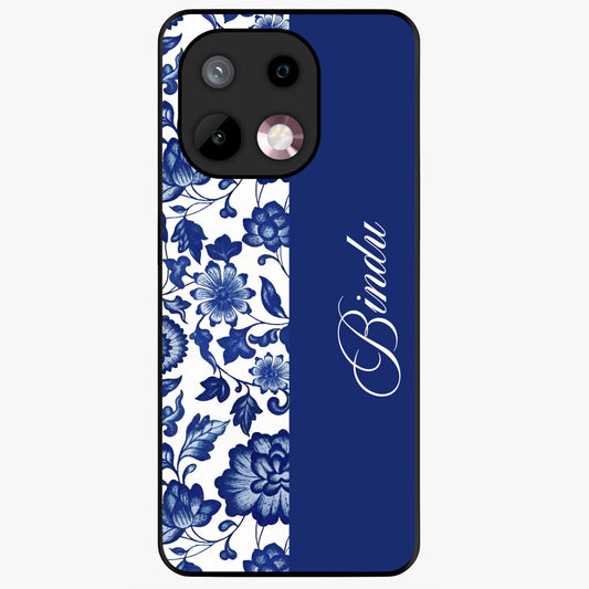 Blue Vintage Floral Pattern Glass Case upright view showcasing timeless floral illustration with vintage inspired style.