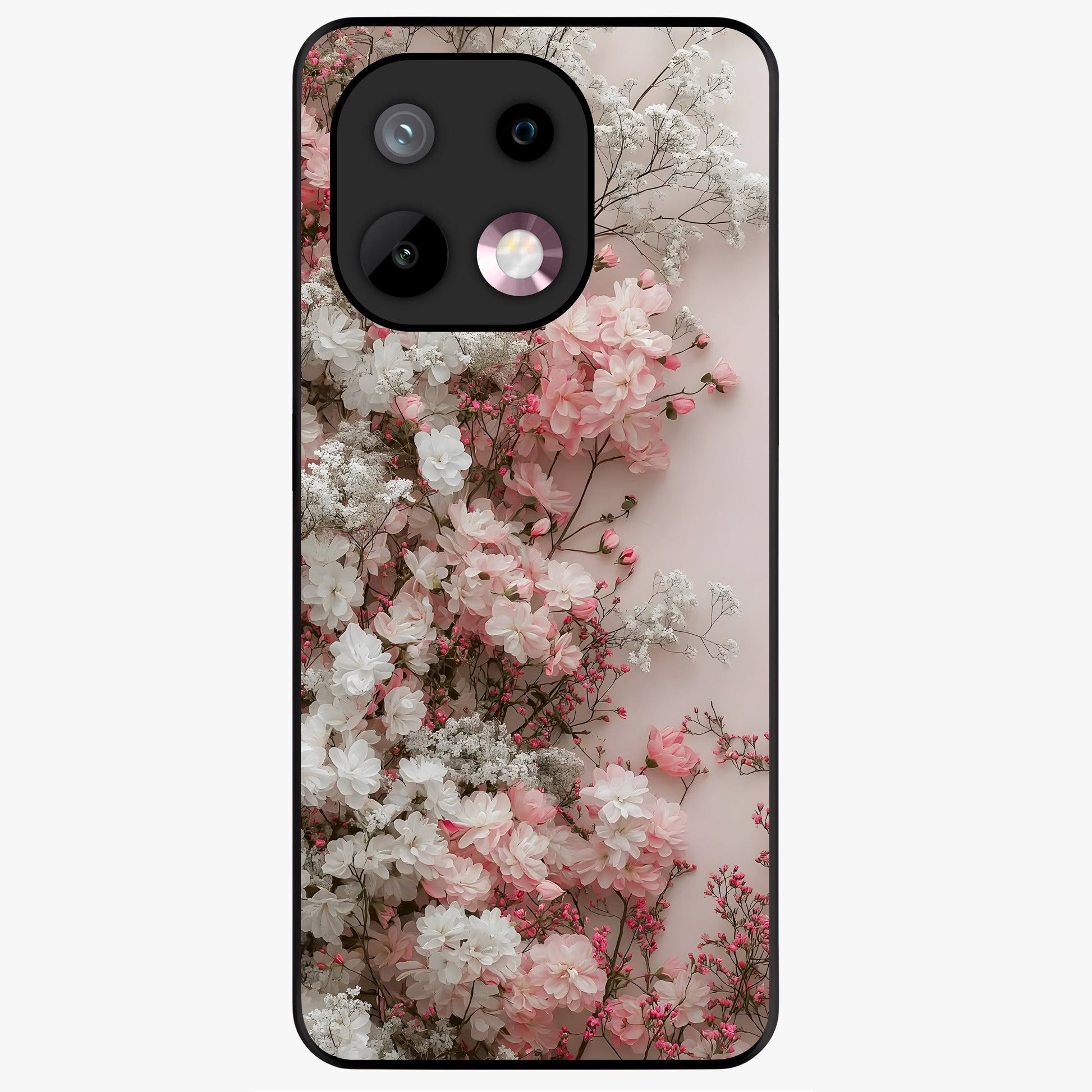 Blush Blossom Cloud Glass Case showing flat back view with dreamy blush cloud blossom artwork and glossy glass finish.