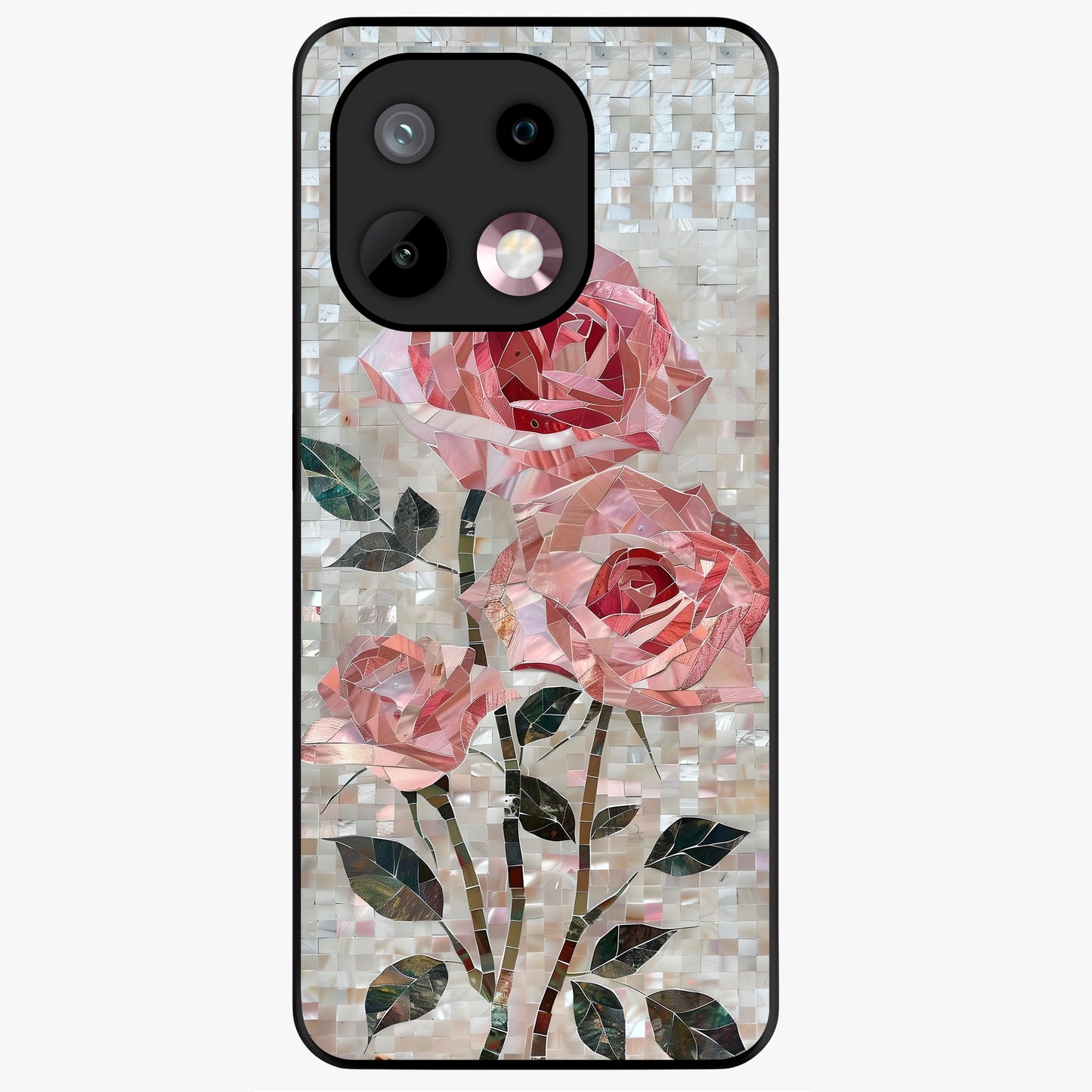 Blush Mosaic Bloom Glass Case showing flat back view with mosaic floral bloom artwork and glossy glass finish.