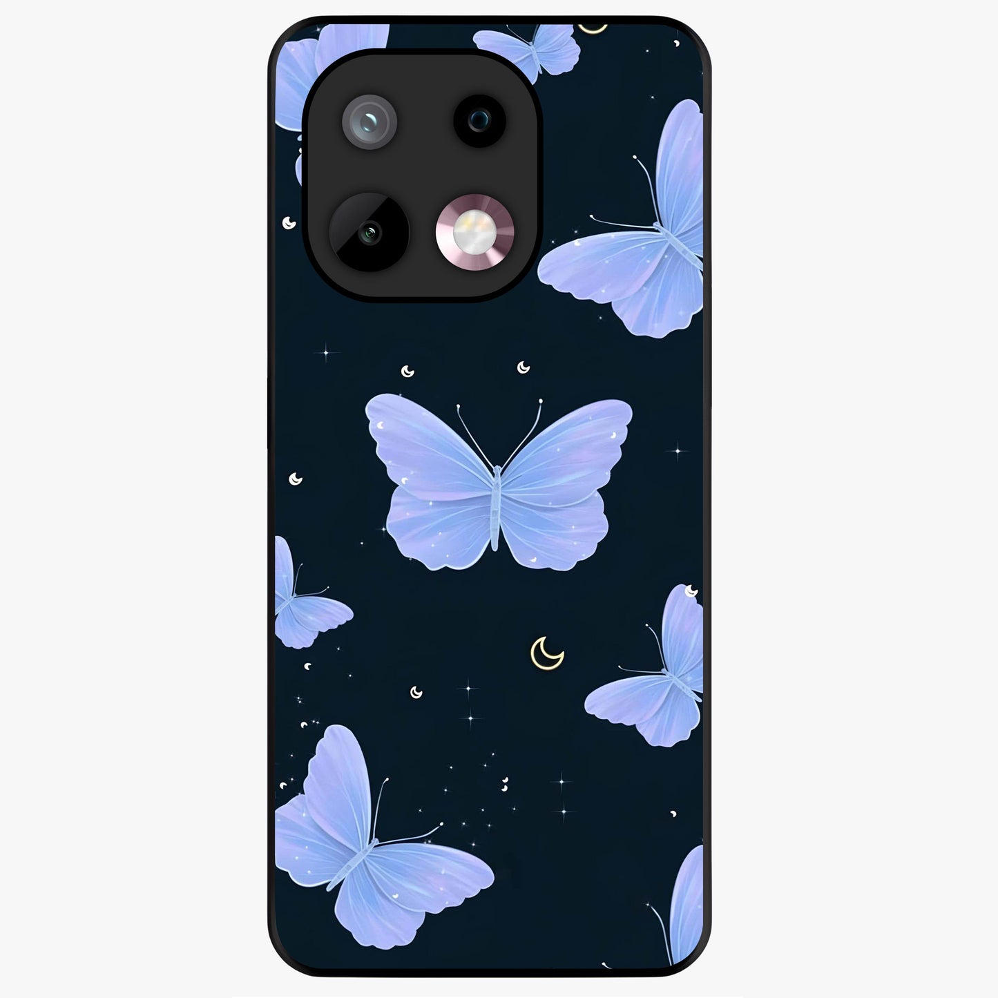 Butterfly With Stars Pattern Glass Case showing flat back view with butterfly and star pattern artwork and glossy glass finish.