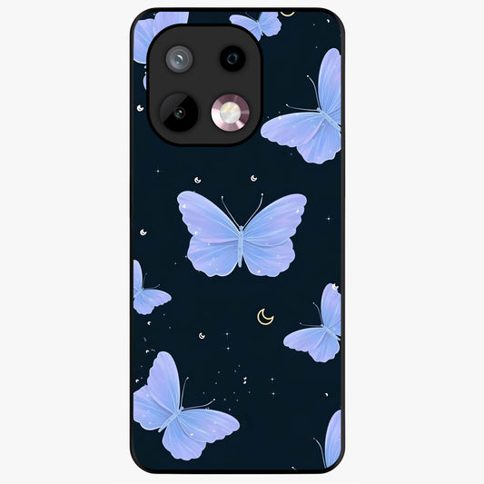 Butterfly With Stars Pattern Glass Case showing flat back view with butterfly and star pattern artwork and glossy glass finish.
