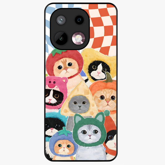 Cats in Fruits Glass Case showing flat back view with playful cat illustrations inside fruit artwork and glossy glass finish.