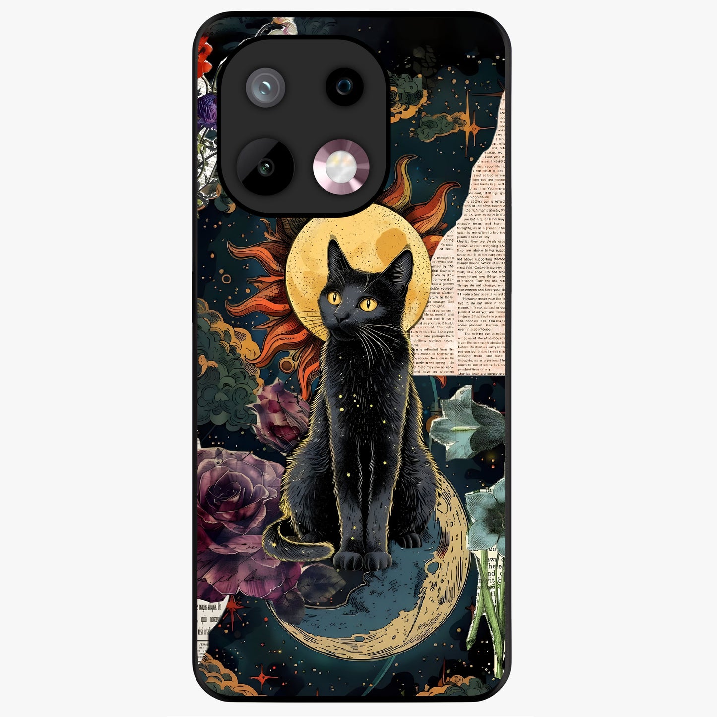 Celestial Black Cat Glass Case showing flat back view with mystical black cat artwork and glossy glass finish.