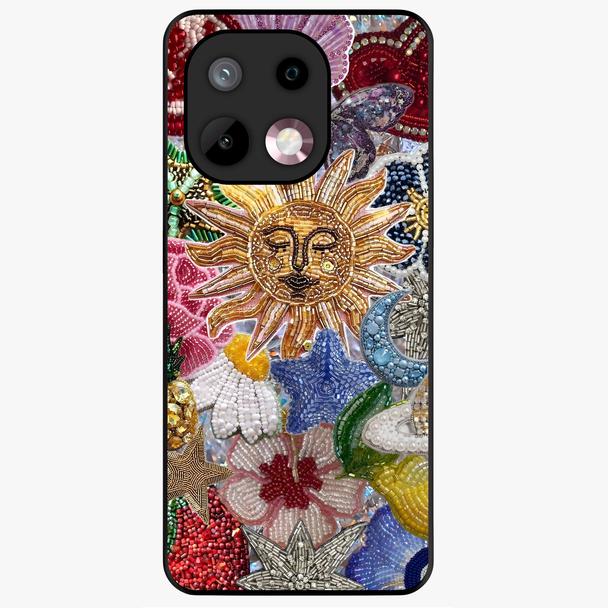 Celestial Floral and Playful Glass Case showing flat back view with floral and celestial themed artwork and glossy glass finish.