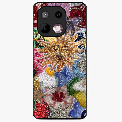 Celestial Floral and Playful Glass Case showing flat back view with floral and celestial themed artwork and glossy glass finish.