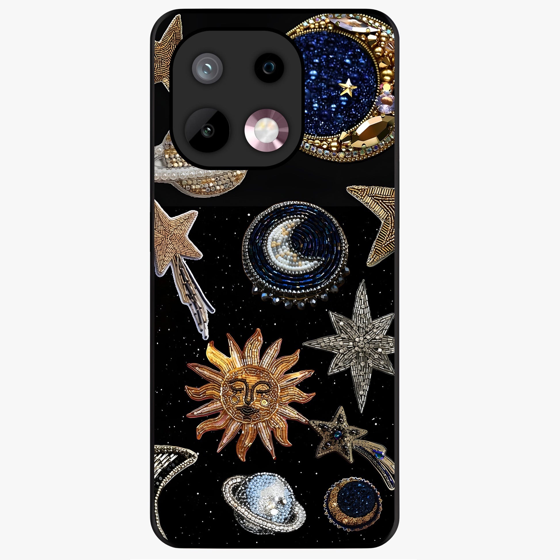 Celestial Gem Constellations Glass Case showing flat back view with sparkling constellation artwork and glossy glass finish.