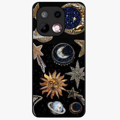 Celestial Gem Constellations Glass Case showing flat back view with sparkling constellation artwork and glossy glass finish.