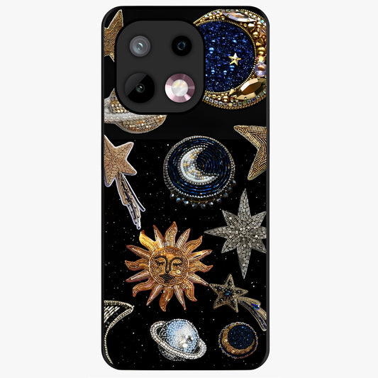 Celestial Gem Constellations Glass Case showing flat back view with sparkling constellation artwork and glossy glass finish.