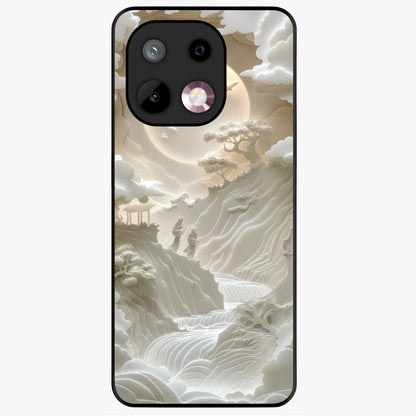 Celestial Origami Glass Case showing flat back view with artistic origami inspired celestial artwork and glossy glass finish.