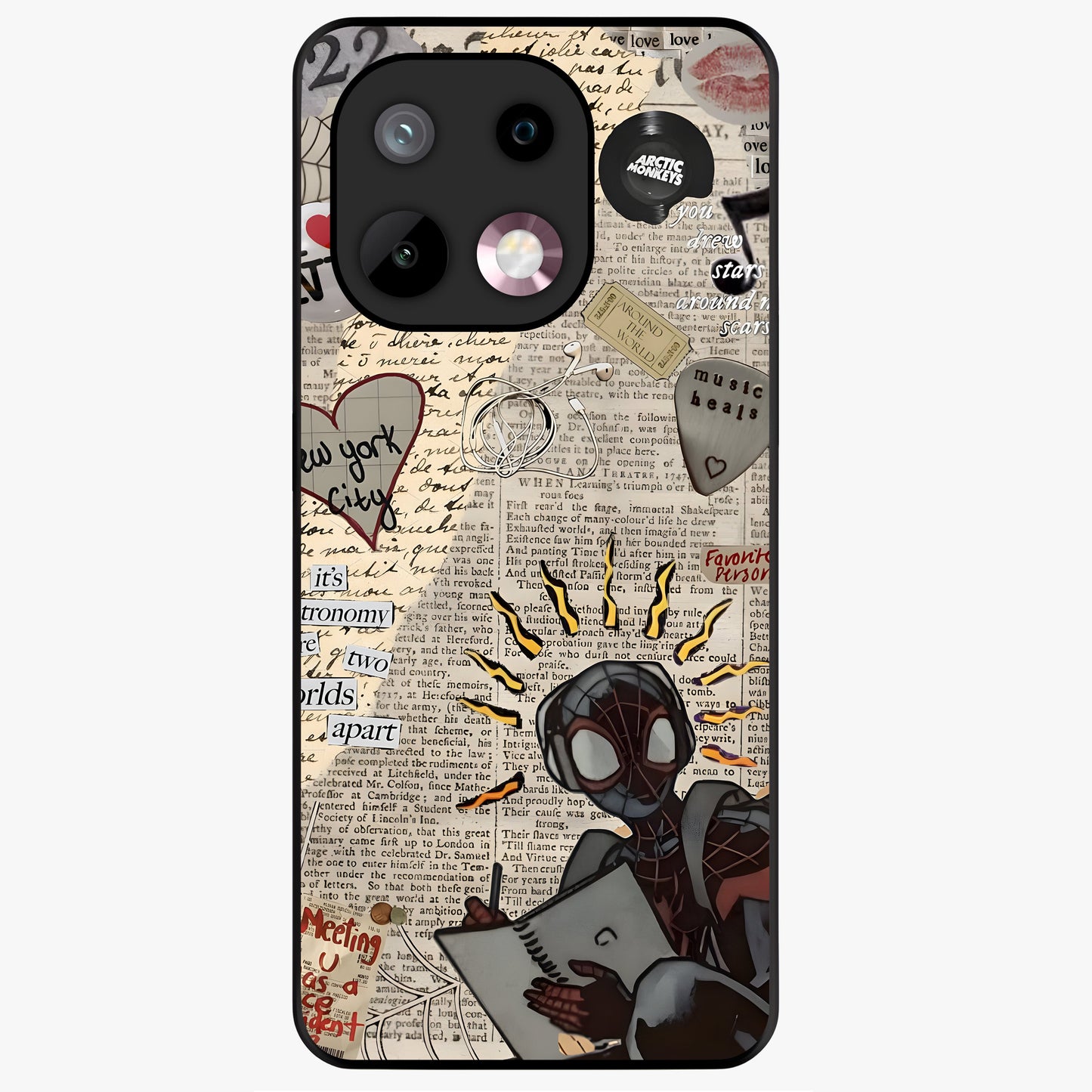 City Dream Sketch Glass Case showing flat back view with artistic city skyline sketch artwork and glossy glass finish.