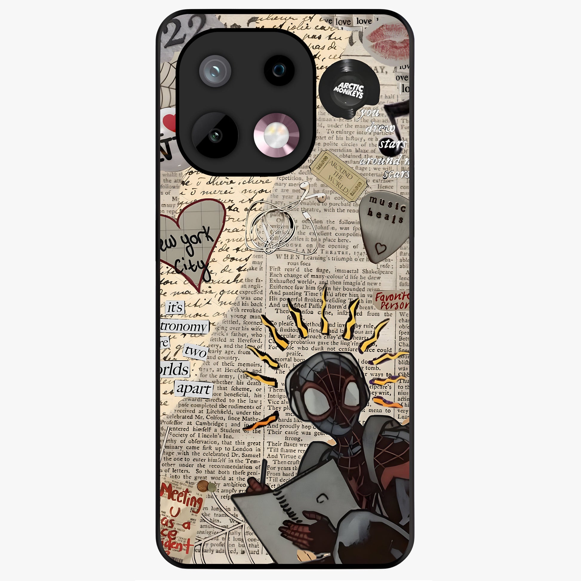 City Dream Sketch Glass Case showing flat back view with artistic city skyline sketch artwork and glossy glass finish.