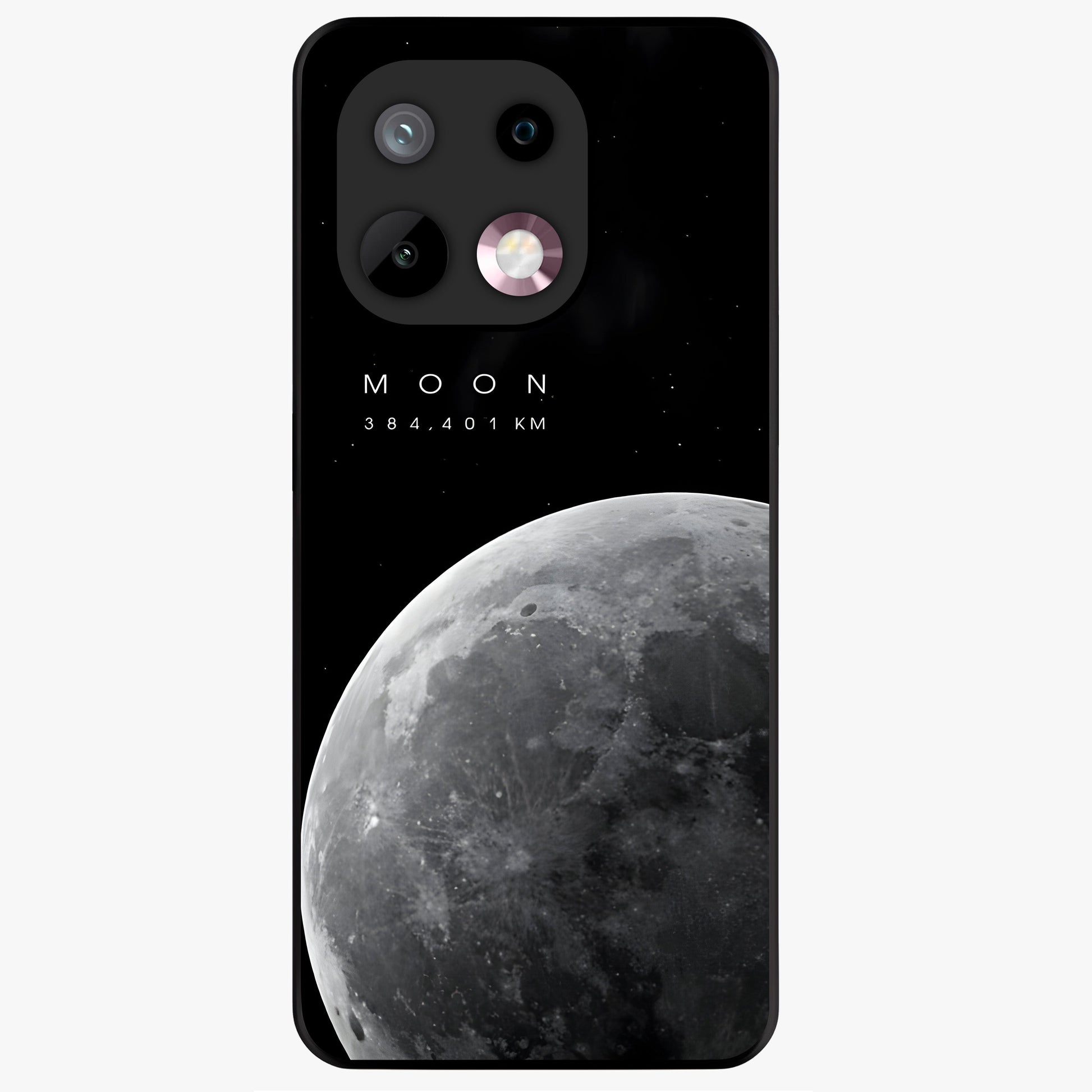 Cosmic Moon Glow Glass Case showing flat back view with glowing moon artwork and glossy glass finish.