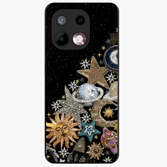 Cosmic Sparkle Dreams Glass Case showing flat back view with sparkling cosmic artwork and glossy glass finish.