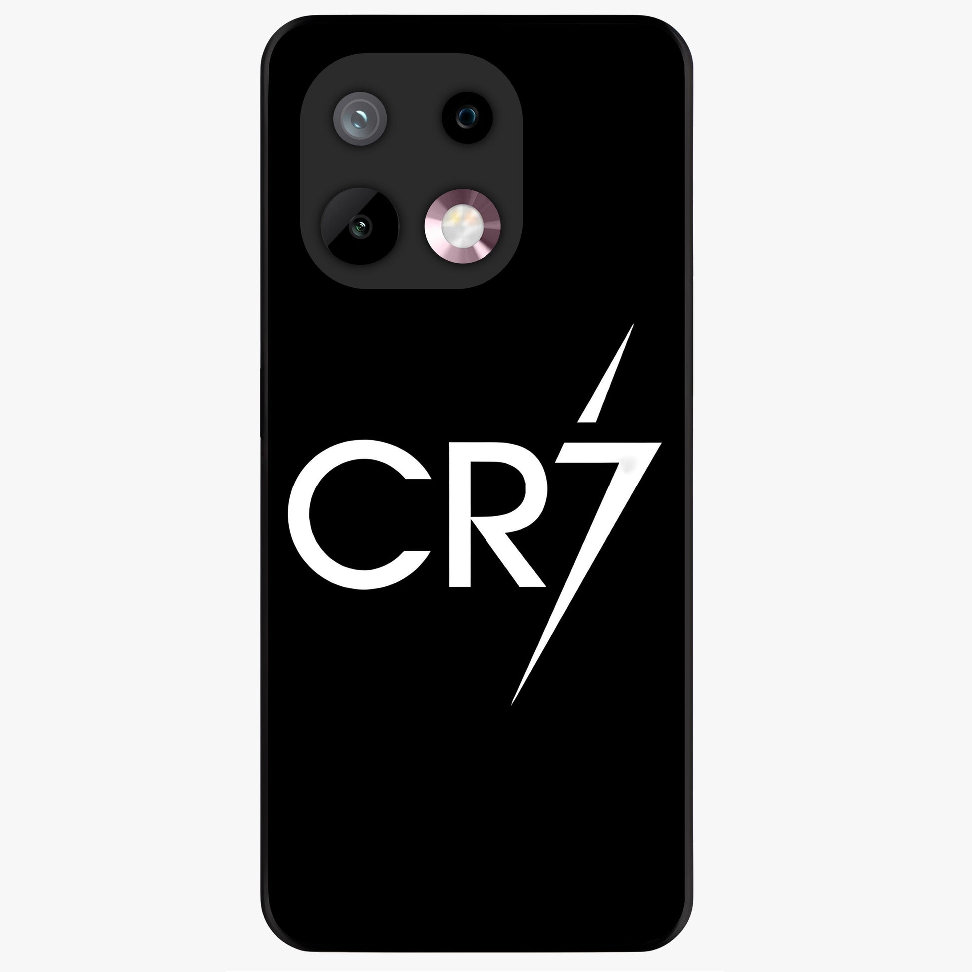 Cr7 Elite Strike Glass Case showing flat back view with dynamic football inspired artwork and glossy glass finish.