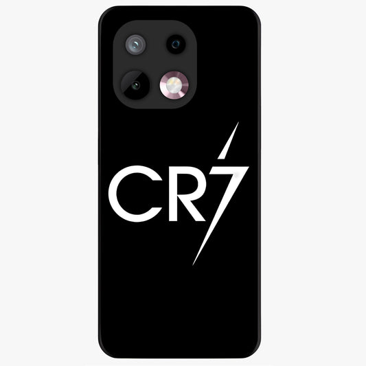 Cr7 Elite Strike Glass Case showing flat back view with dynamic football inspired artwork and glossy glass finish.