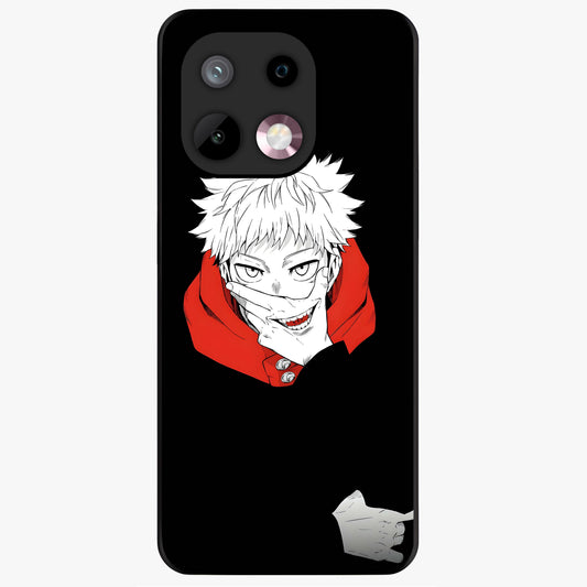 Crimson Chaos Smile Glass Case showing flat back view with bold chaotic smile artwork and glossy glass finish.