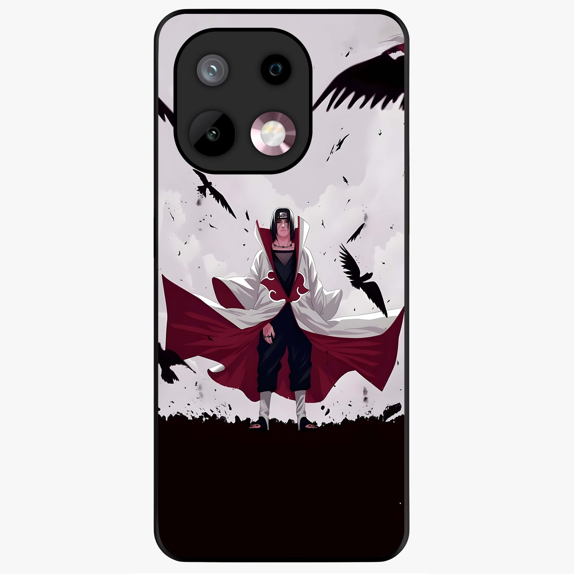 Crimson Crow Ascension Glass Case showing flat back view with mystical crow artwork and glossy glass finish.