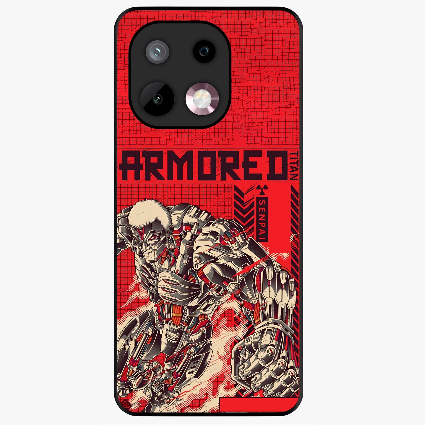 Crimson Mecha Titan Glass Case showing flat back view with powerful mech titan artwork and glossy glass finish.